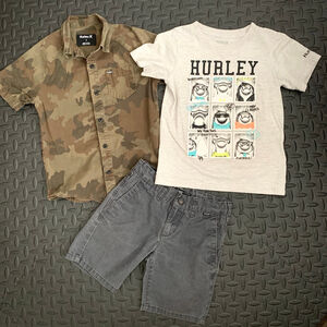 Boys Size 7 Lot of 3 Hurley Shorts Shark T Shirts Button Up Outfits Gray Camo